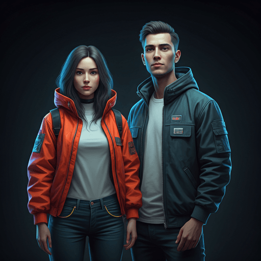 AI-generated cyberpunk avatar couple wearing neon streetwear, demonstrating SLAY AI virtual try-on technology